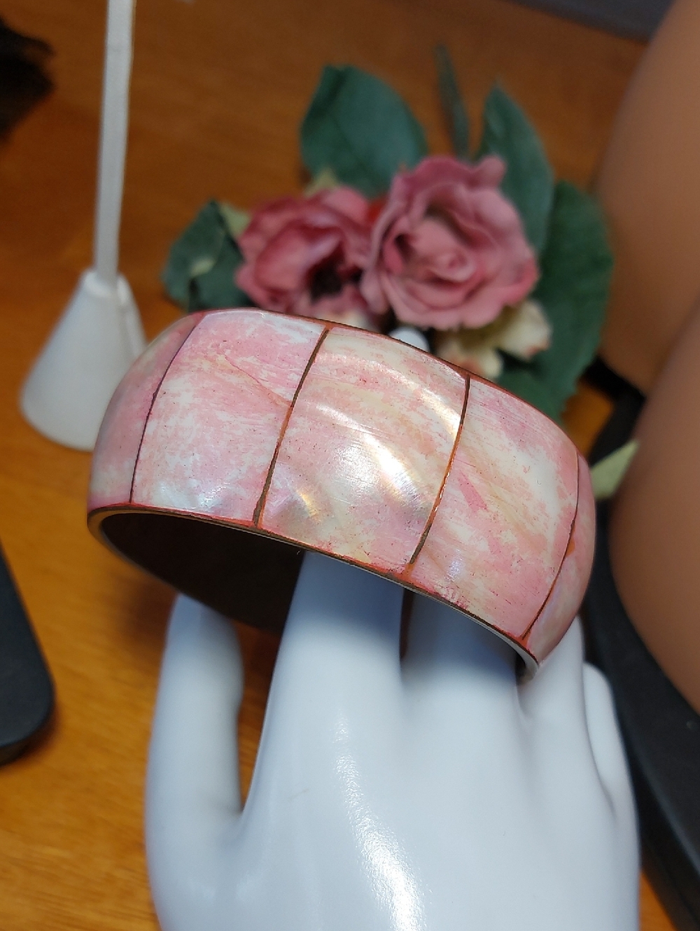 Wide Pink MOP Shell Brass Chunky Bangle Bracelet